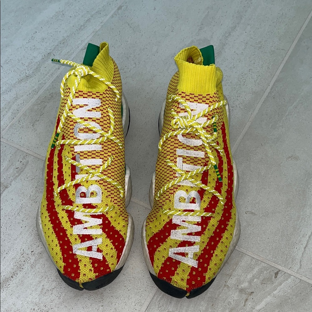 Pharrell Williams x Crazy BYW Adidas Ambition Yellow and Red Knit Sneakers